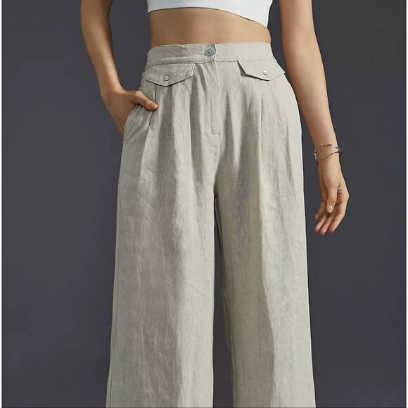 Anthropologie Sovere Instance High Waist Wide Leg Oatmeal Pleated Linen Pants L - Picture 4 of 14